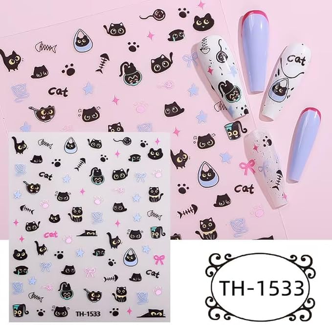 Black Cat Nail Art Stickers, 8 Sheets, Cat Nail Stickers,Cartoon Animal Self-Adhesive Nail Decals Supplies Cute Cartoon Manicure Sliders for Women Girls Nail Art Decorations
