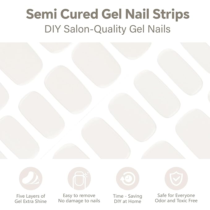 SEMINCA Semi Cured Gel Nail Strips-Mirror Shine Semi-Gel Stickers,Party & Festival Nail Wraps,Glow Under Sunlight,No Damage,Works with Any UV/LED Lamps(Creamy White)