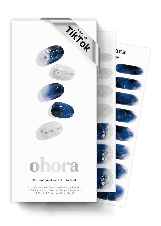 ohora Semi Cured Gel Nail Strips (N Frost Marble) - Works with Any Lamps, Salon-Quality, Long Lasting, Easy to Apply & Remove - Includes 2 Prep Pads, Nail File & Wooden Stick
