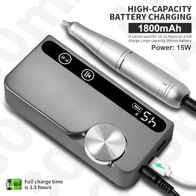 Professional Electric Nail Drill, 45000 RPM Cordless Rechargeable E-File Machine, with 12 Bits, Sanding Bands, LCD Display for Acrylic Gel Nails (Metallic Gray)