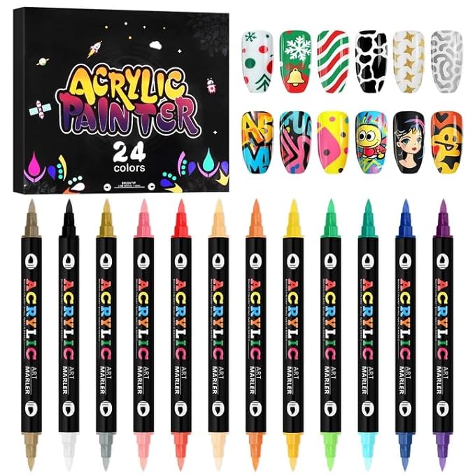 Kalolary 24 Color Nail Art Markers Set, 3D Nail Art Pens Point Nail Graffiti Dotting Pen Quick-Drying Waterproof Double Headed Acrylic Paint Pens Set for DIY Nails Art Design