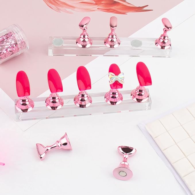 Nail Stands Acrylic Nail Art,Press on Nail Stand Magnetic Nail Tips Practice Holder 54 Pcs Reusable Adhesive Putty for DIY Painting(Pink
