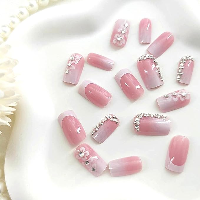 White French Tip Press on Nails Medium Square Fake Nails Pink Gradient Nails Press ons Glossy Glue on Nails Spring False Nails with Flower Rhinestones Designs Pink Stick on Nails for Women Girls 24Pcs
