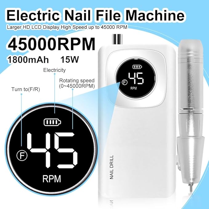 Professional Electric Nail Drill, 45000 RPM Cordless Rechargeable E-File Machine, with 12 Bits, Sanding Bands, LCD Display for Acrylic Gel Nails (DMJ-V4-WHITE-USB)