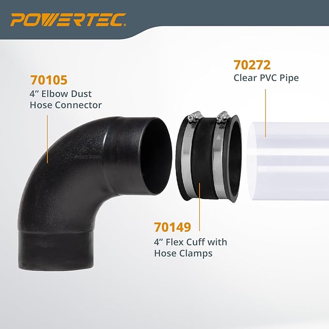 POWERTEC 70460 4" 90 Degree Elbow Dust Hose Connector & 4 Inch Dust Control Flex Cuff with Steel Hose Clamps, Rubber Cuff Coupler for Woodworking Dust Collection Fittings, Dust Collector Accessories