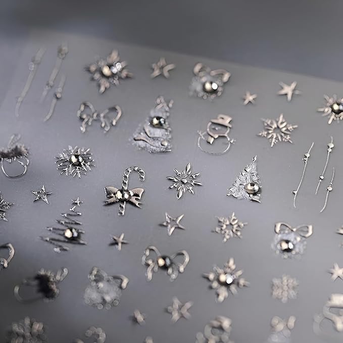 Christmas Nail Stickers Star Snowflake Nail Art Stickers 5D Self-Adhesive Silver Nail Decals with Rhinestones Design Christmas Tree Nail Supplies Accessories for Women and Girls