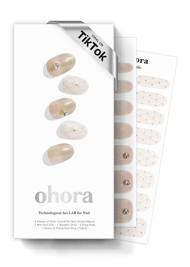 ohora Semi Cured Gel Nail Strips (N Champagne Glow) - Works with Any Lamps, Salon-Quality, Long Lasting, Easy to Apply & Remove - Includes 2 Prep Pads, Nail File & Wooden Stick