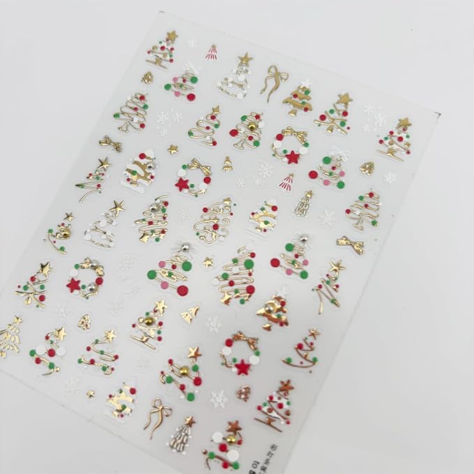 1 Sheet Christmas Nail Art Stickers 5D Embossed Nails Decals Self Adhesive Christmas Tree Colored Lights Star Snowflake Sticker for Nails Winter Nail Stickers for Women Holiday Manicure Decorations