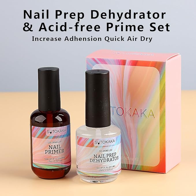 Nail Prep Dehydrator and Primer Set - 2pcs 15ml Acid Free No Burn Fast Air Dry Natural Nail Dehydrator and Superior Bonding Primer for Acrylic Powder