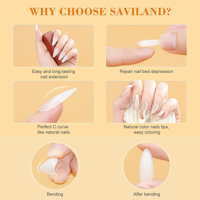 SAVILAND Gels Nail Kit Almond: Natural Nail Tips 500 Pcs and 4 In 1 Nail Glue Gel, U V/LED Nail Lamp Pre-shaped White Full Cover False Nails for Acrylic Nail Kit Nail Art DIY Salon At Home Gift