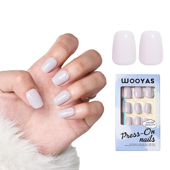 WOOYAS Glossy Fake Nails - Short, Light Grey, 24Pcs, Square, Handmade, With Nail Glue & Adhesive Tabs, DIY Kit