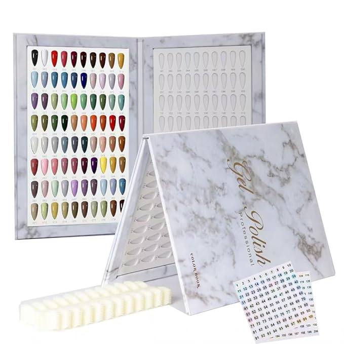 160 Nail Color Display Book with 240 Nail Tips & 1-200 Number Labels, Professional Color Swatches Book Gel Polish Colors Card Board for Nails Salons, DIY at Home