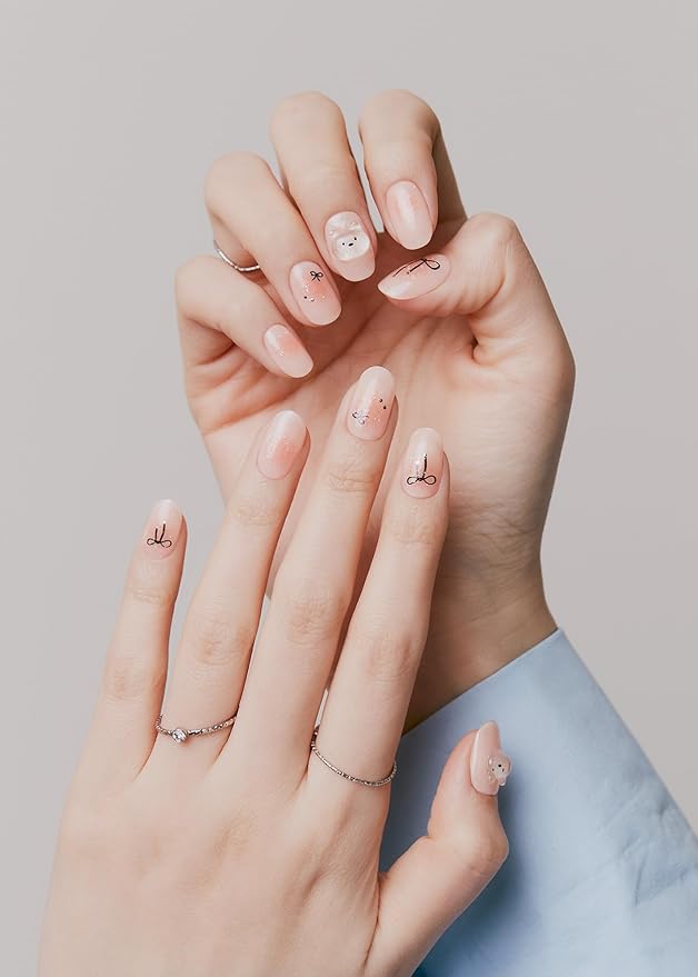 ohora Semi Cured Gel Nail Strips (N Bear Up) - Works with Any Lamps, Salon-Quality, Long Lasting, Easy to Apply & Remove - Includes 2 Prep Pads, Nail File & Wooden Stick