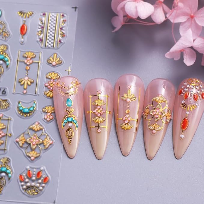 2 Sheets Gold Nail Stickers Sun Nail Art Stickers Stars Moon Nail Decals 5D Embossed Self Adhesive Nail Art Decals Rhinestones Nails Design for Women Decoration Accessories Manicure DIY