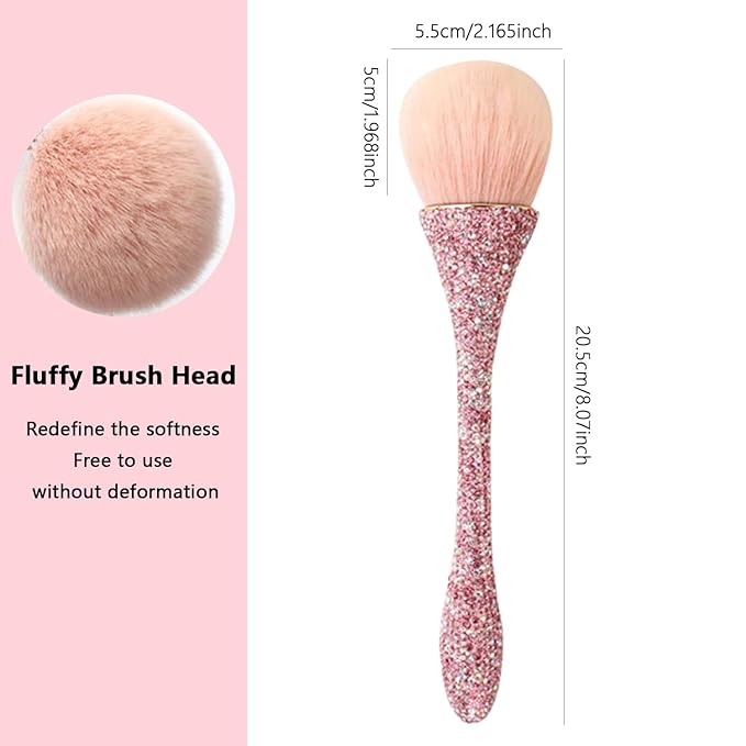 WOKOTO 1pcs Pink Shiny Rhinestone Nail Art Dust Brushes For Acrylic Nails Powder Remover Brushes Loose Face Cosmetics Blending Liquid Foundation Powder Make Up Brushes Nail Trimming Cleaning Tools