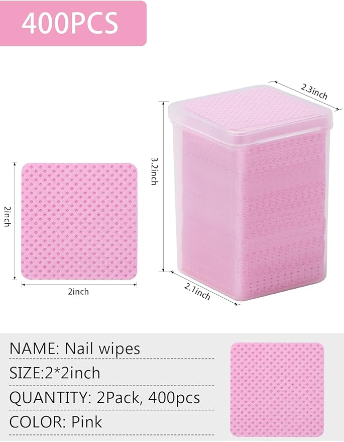 TEOYALL Lint Free Nail Wipes, 400 PCS Non-Woven Fabric Nail Cleaning Pads Pink Lash Extensions Glue Cleaning Wipes Salon Supplies