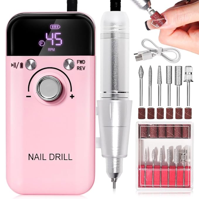 Professional Electric Nail Drill, 45000 RPM Cordless Rechargeable E-File Machine, with 12 Bits, Sanding Bands, LCD Display for Acrylic Gel Nails (DMJ-V6-PINK-USB)