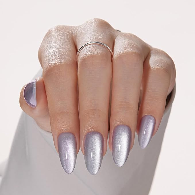 VSALON Press on Nails Medium Almond - Jelly Purple Cat Eye Glassy Glitter New Year Gift for Women, Reusable Fake Nails with Nail Glue, Protector Cuticle Oil, Tabs & Nail File-32 PCS in 16 Sizes