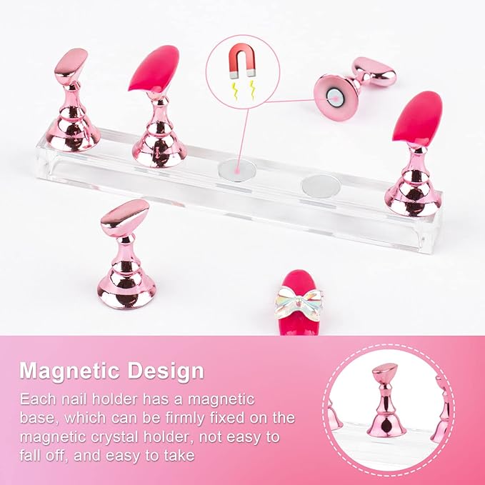 Nail Stands Acrylic Nail Art,Press on Nail Stand Magnetic Nail Tips Practice Holder 54 Pcs Reusable Adhesive Putty for DIY Painting(Pink