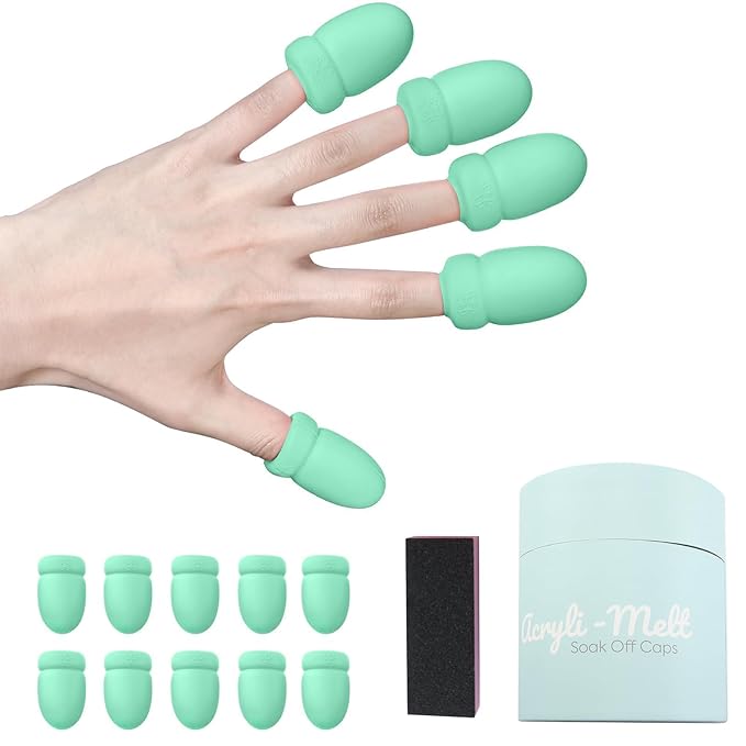 Gel Polish Remover Refill Kits for Nails, Holiday Gifts for Women Girls Nail Polish Remover Set with 10PCS Soak Off Caps & Nail Buffer Block - Quickly Removes Poly Gel & Acrylic Nails (Green Short)
