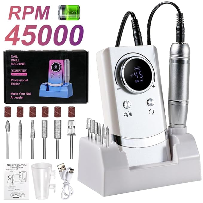 Professional Electric Nail Drill, 45000 RPM Cordless Rechargeable E-File Machine, with 12 Bits, Sanding Bands, LCD Display for Acrylic Gel Nails (DMJ-V8-White-USB)