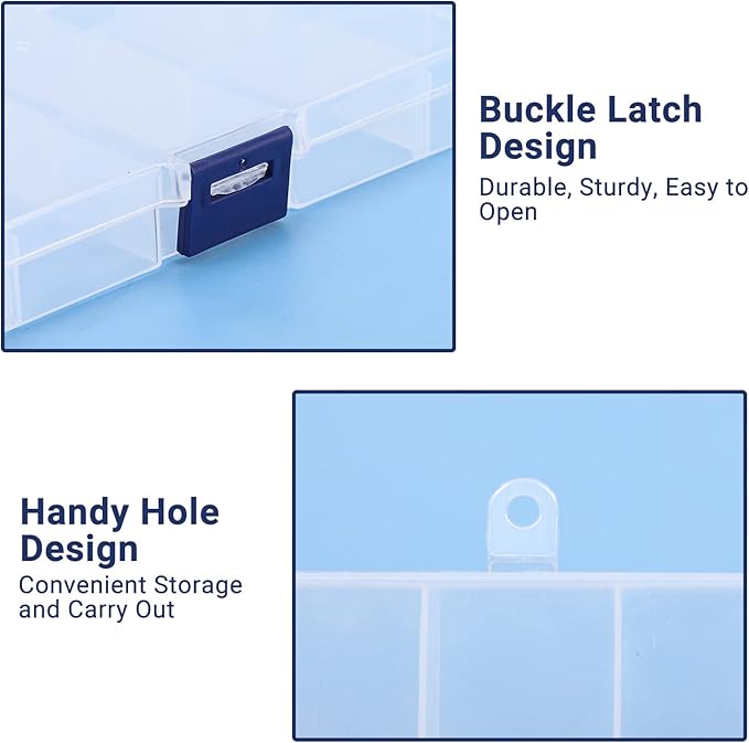 Rhinestone Organizer Storage Box, 4PCS 15-Grid Small Clear Plastic Jewelry Case, Empty Container Dividers for Nail Art Craft Accessory, Display Holder for Fishing Tackle, Bead, Charms, Sewing