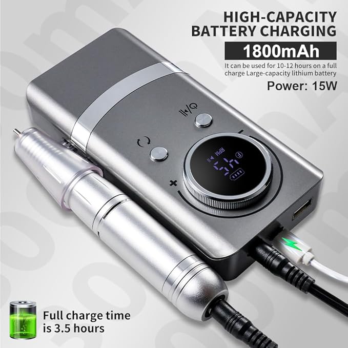 Professional Electric Nail Drill, 45000 RPM Cordless Rechargeable E-File Machine, with 12 Bits, Sanding Bands, LCD Display for Acrylic Gel Nails (DMJ-V8-Gray-USB)