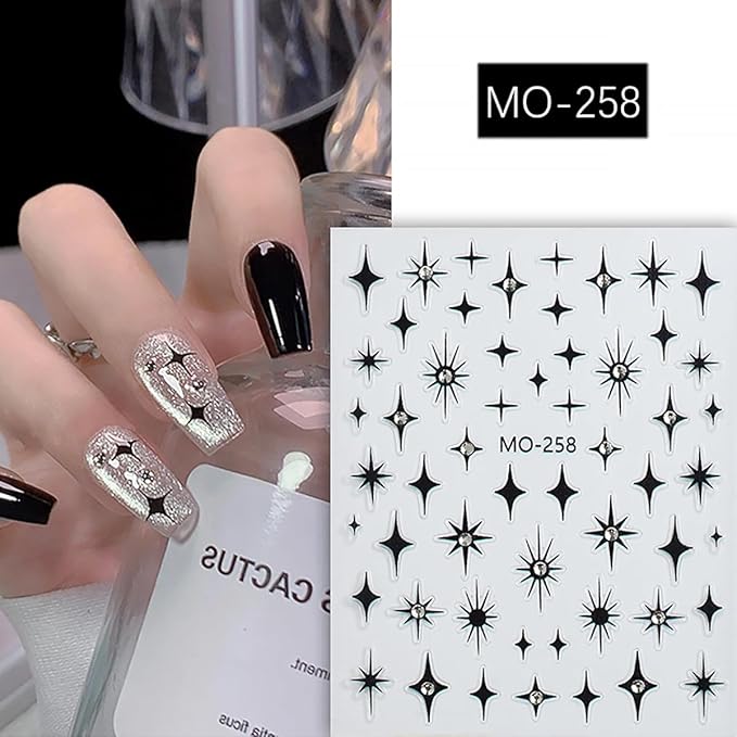 6 Sheets Shiny Star Nail Stickers for Nail Art 3D Luxury Glitter Star Rhinestones Nail Design Stickers Starlight Black White Nail Decals Star Nail Decor for Women DIY Nails Tip