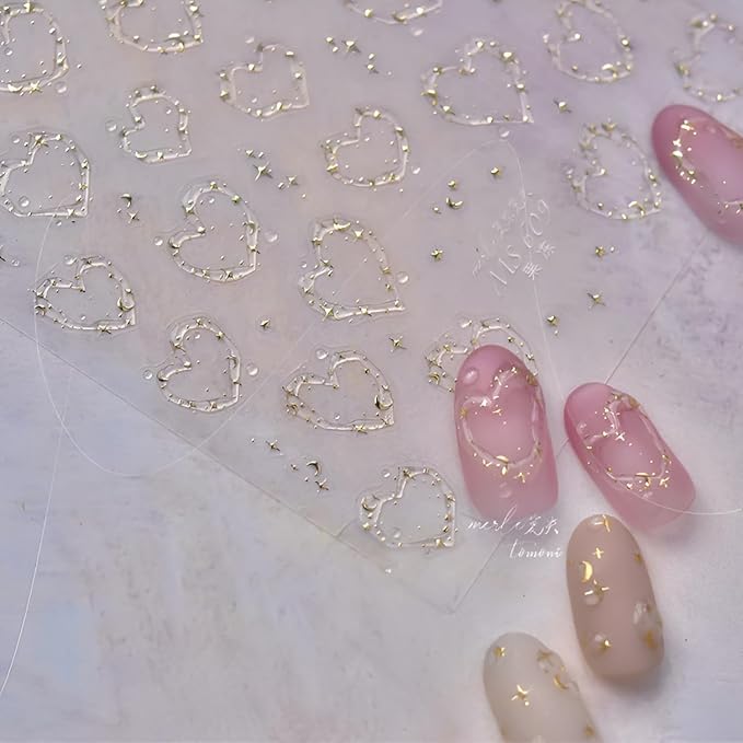 Valentine's Day Nail Art Stickers 5D Embossed Nail Decals Heart Nail Stickers with Gold Star Nails Design Heart Nails Supplies for Women Girls DIY Manicure