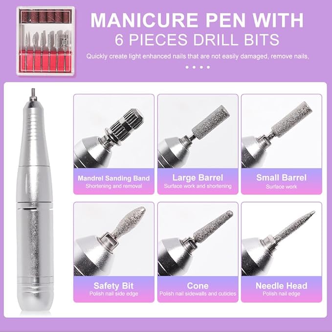 Professional Electric Nail Drill, 45000 RPM Cordless Rechargeable E-File Machine, with 12 Bits, Sanding Bands, LCD Display for Acrylic Gel Nails (DMJ-V4-purple-USB)