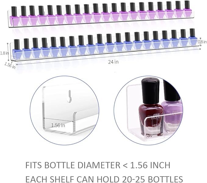 24 Inches Acrylic Nail Polish Rack for Wall, Clear Nail Polish Organizer Wall Mounted for 150 Bottles, 6 Pack