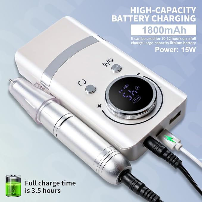 Professional Electric Nail Drill, 45000 RPM Cordless Rechargeable E-File Machine, with 12 Bits, Sanding Bands, LCD Display for Acrylic Gel Nails (DMJ-V8-White-USB)