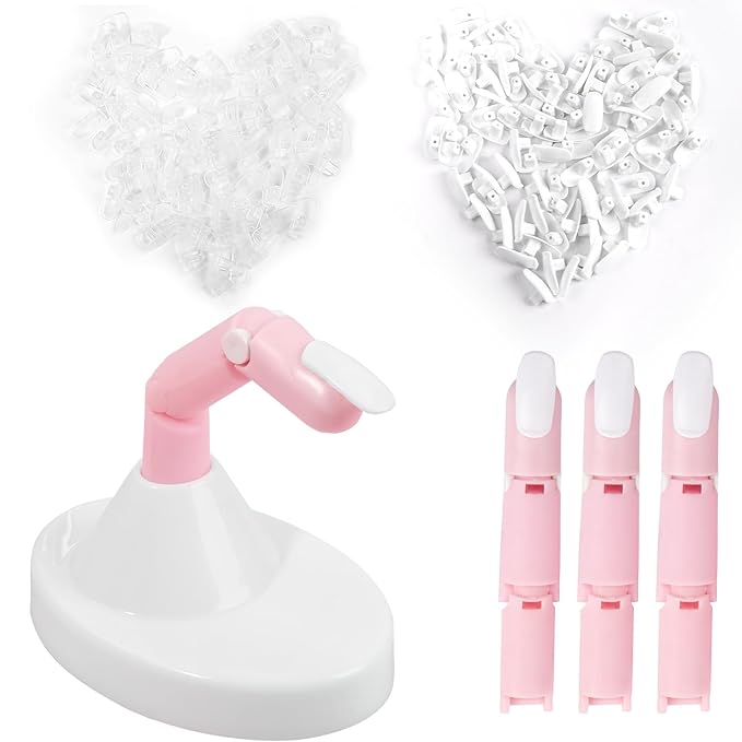 Practice Fingers for Acrylic Nails, Flexible Movable Fake Finger to Practice Fake Nails, 3PCS Adjustable Pink Nail Finger Practice with 1PC White Acrylic Finger Base, 200PCS False Nail Tips with Box
