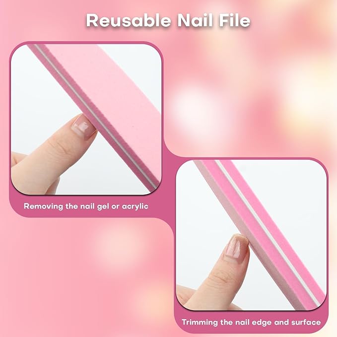 Gel Polish Remover Refill Kits for Nails, Holiday Gifts for Women 4-in-1 Pink Nail Polish Remover Set with Soak Off Caps & Nail Buffer Block | Nail File | Cuticle Pusher for Poly Gel & Acrylic Nails