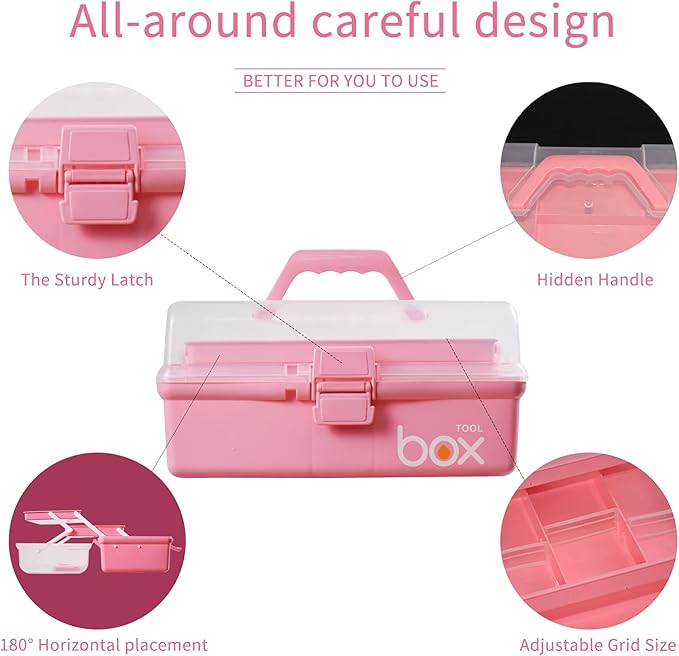 12in 3-Layer Plastic Craft Organizers and Storage, Portable Folding Tackle Box with Handle & Adjustable Dividers, Multipurpose Case for Sewing, Art Supplies, Medicine, Tools (Pink)