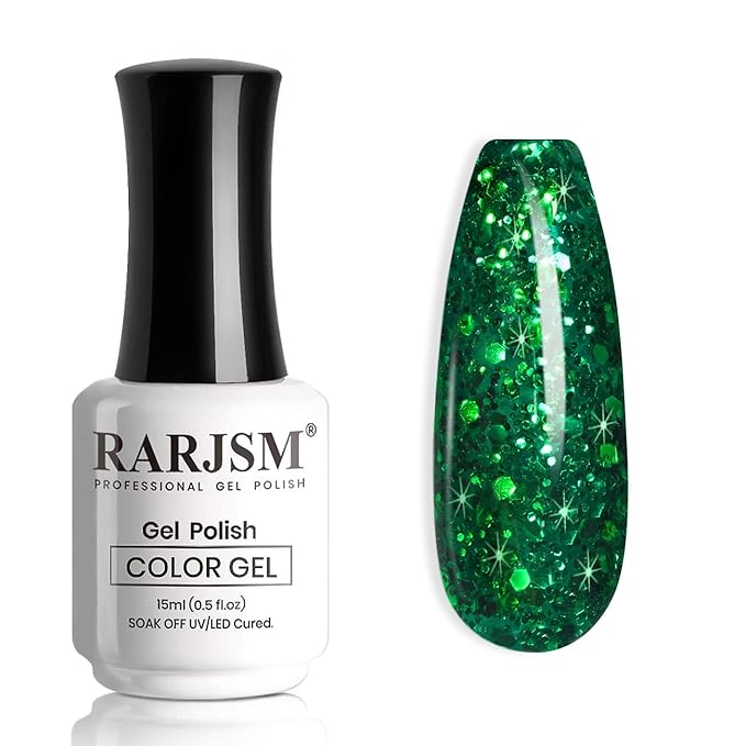 RARJSM Green Glitter Gel Nail Polish Diamond Mermaid Green Sparkly Chunky Shimmer Pigments Nail Gel Polish Soak off L e d U V Curing Required for Nail Art Salon Fall Winter Christmas Manicure 15ml