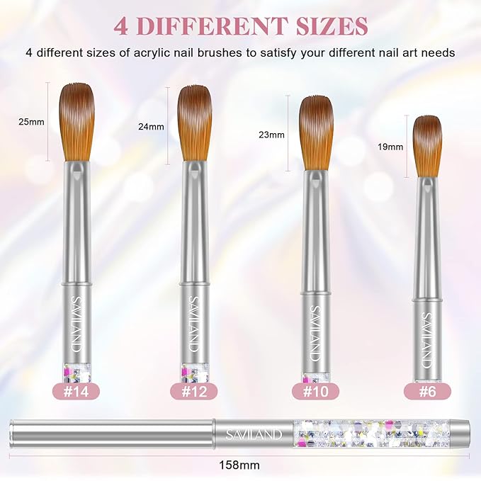SAVILAND Kolinsky Acrylic Nail Brush Set: Size 6,10,12,14 Professional Nail Art Brushes with Silver Handle for Acrylic Powder, Nail Extensions & 3D Carving - Salon & DIY Nail Art Supplies