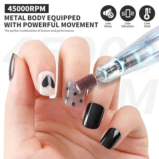 Professional Electric Nail Drill, 45000 RPM Cordless Rechargeable E-File Machine, with 12 Bits, Sanding Bands, LCD Display for Acrylic Gel Nails (Metallic Gray)