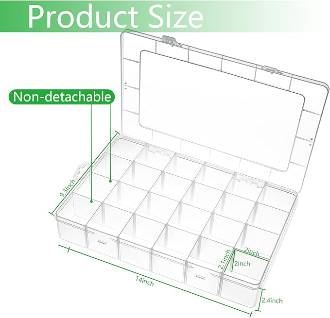 Large 24 Grids Plastic Organizer Box Adjustable Dividers,Clear Storage Box for Jewelry, Art DIY Crafts, Washi Tapes, Beads and Small Parts(2 Pack)