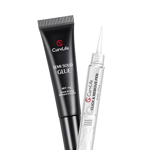 Curvlife 15g Semi Solid Nail Glue Gel with 5ml 3 in 1Nail Glue Remover, No Need for Uv Light, Gel for Press On Nails, Click&Remove Pen Design