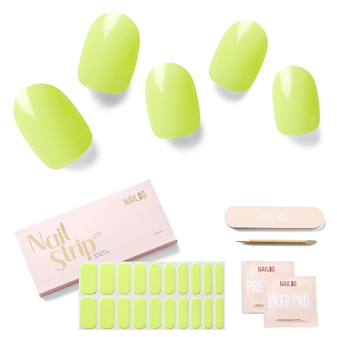 NAILOG Semi Cured Gel Nail Strips, 20Pcs Green Long Lasting Stickers, Salon Quality Easy Apply & Remove Works with Any UV/LED Nail Lamps for Summer, Lime Bomb