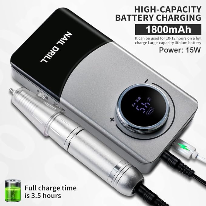 Professional Electric Nail Drill, 45000 RPM Cordless Rechargeable E-File Machine, with 12 Bits, Sanding Bands, LCD Display for Acrylic Gel Nails (DMJ-V9-Gray-USB)