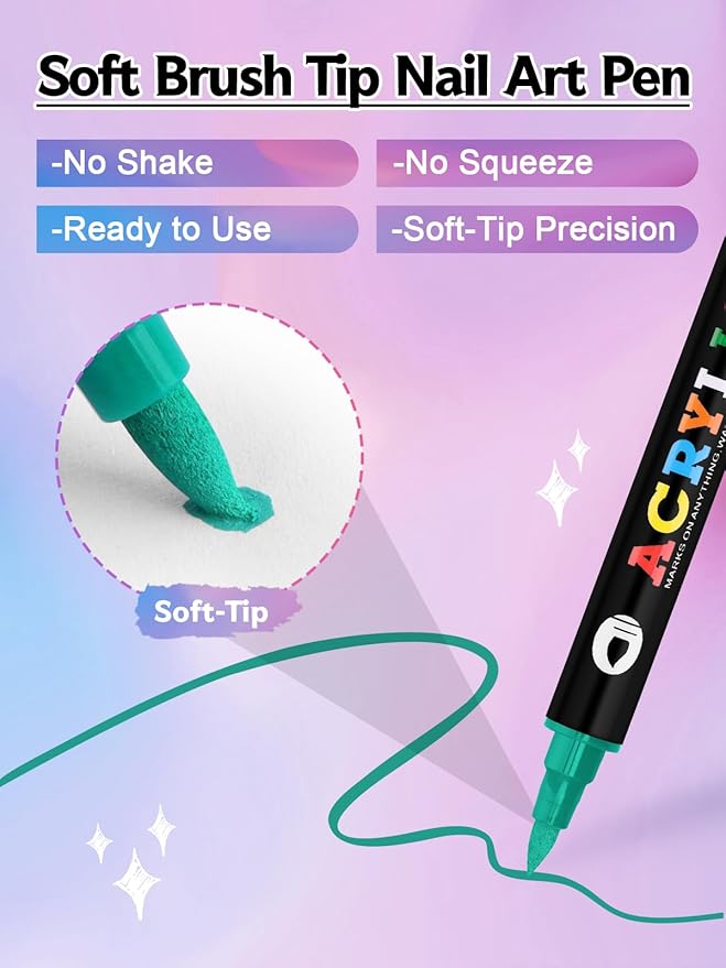 Kalolary 24 Color Nail Art Markers Set, 3D Nail Art Pens Point Nail Graffiti Dotting Pen Quick-Drying Waterproof Double Headed Acrylic Paint Pens Set for DIY Nails Art Design