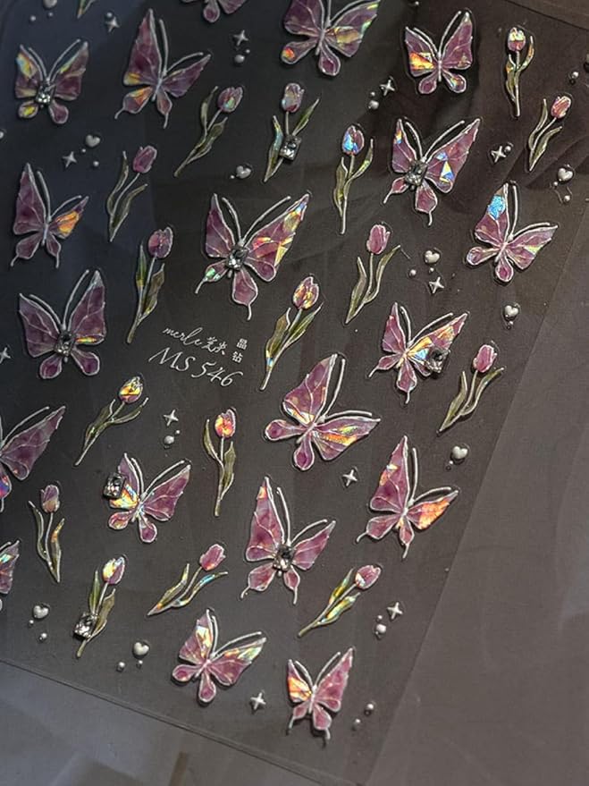 Tulips Butterfly Nail Stickers 5D Embossed – Premium Salon-Quality Nail Charm Accessories, Easy Application & Self-Adhesive for DIY Manicure, Tulip Butterflies Nail Art, Press on, Home or Salon Use
