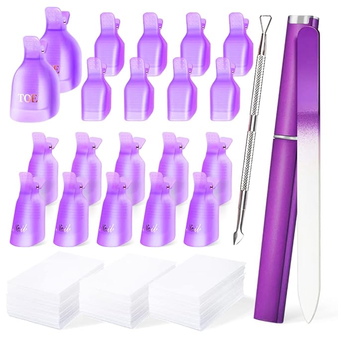 Gel Nail Polish Remover Tools Kit With Fingernail &Toenail Nail Clips, Nail Cotton Pads, Cuticle Peeler, Glass Nail File Nails Remover Tool Kit