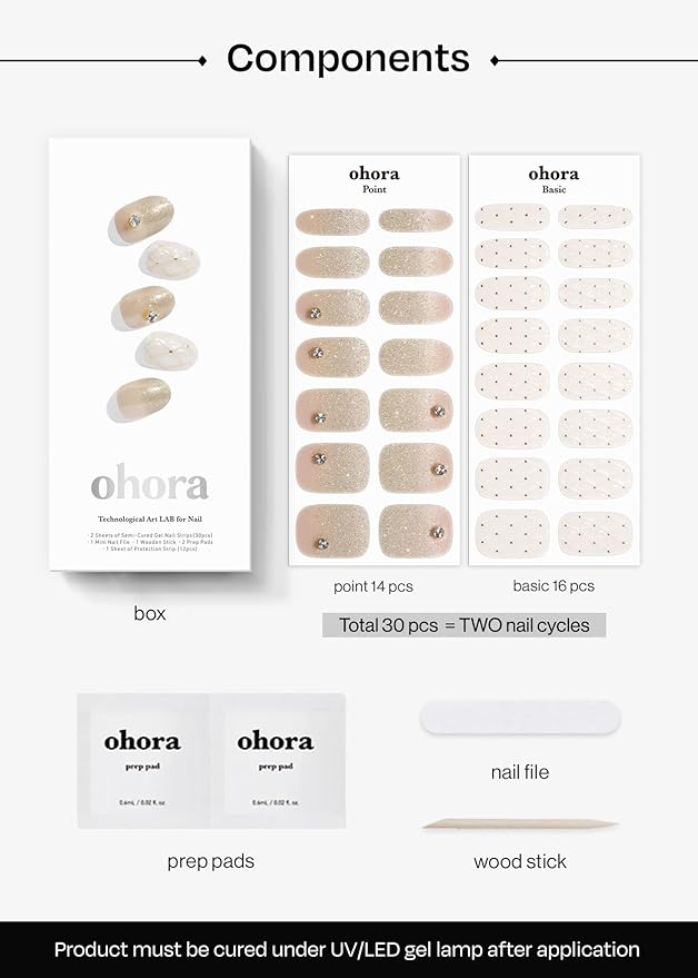 ohora Semi Cured Gel Nail Strips (N Champagne Glow) - Works with Any Lamps, Salon-Quality, Long Lasting, Easy to Apply & Remove - Includes 2 Prep Pads, Nail File & Wooden Stick