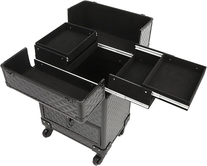 Rolling Makeup Case, Nail Storage Box with Wheels Portable Makeup Trolley for Beauty Studio Hairdressers Nail Technician (Black)