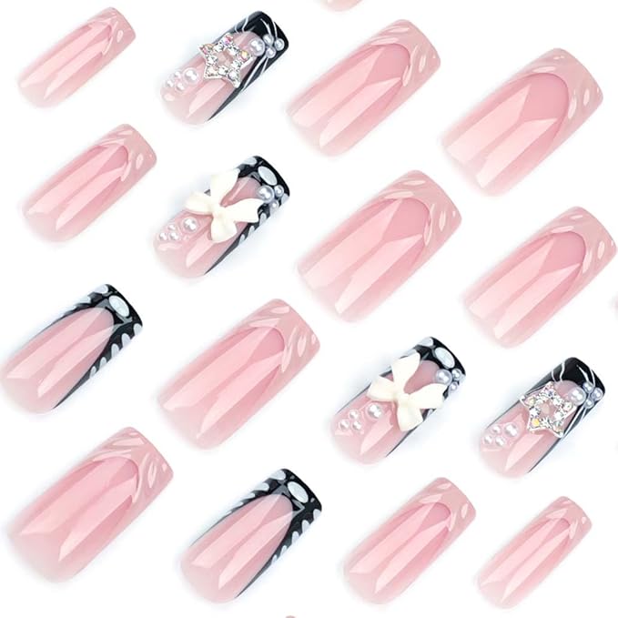 Foccna Press on Nails Medium Long Rhinestone Pink Fake Nails Square Pearl Bling Glossy 3D False Nail Tips Black Artificial Nails Finger Manicure for Women and Girls,24pcs