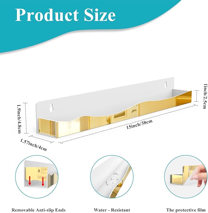 12 Pack Gold Mirror Nail Polish Racks 15 Inch Acrylic Wall Mount Shelves with Stopper for Nail Polish Organizer, Picture Frames, Books, Home Dec