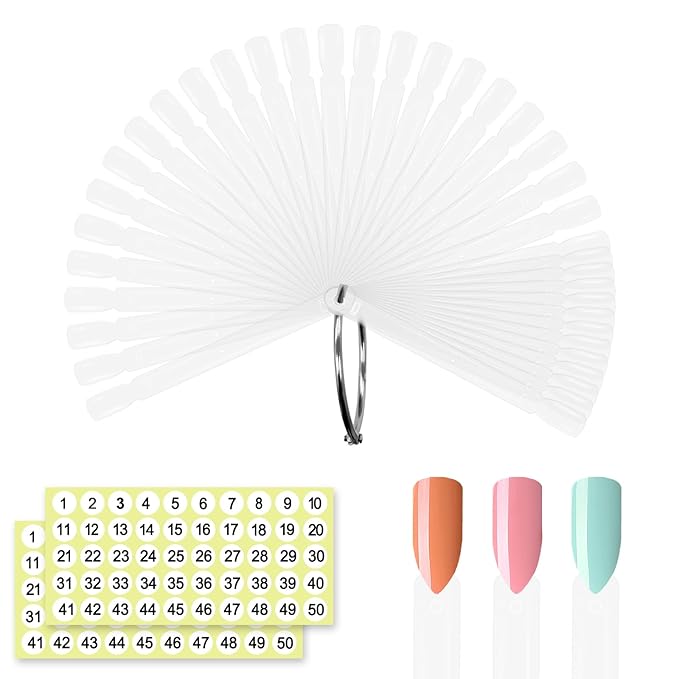 SIUSIO 50 Pcs Square Nail Swatch Sticks with Metal Split Ring and Numbered Tips - Clear Fan-shaped Color Display for Nail Art Polish Practice
